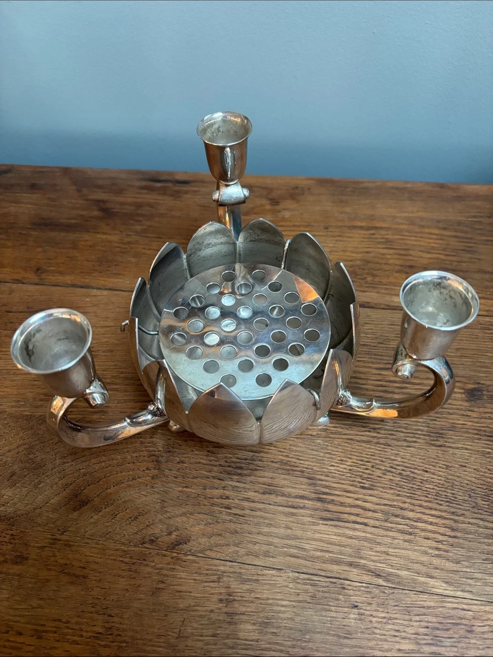 VTG Reed & Barton Silver Plated Lotus 3-Arm Candle & Flower Frog Centerpiece